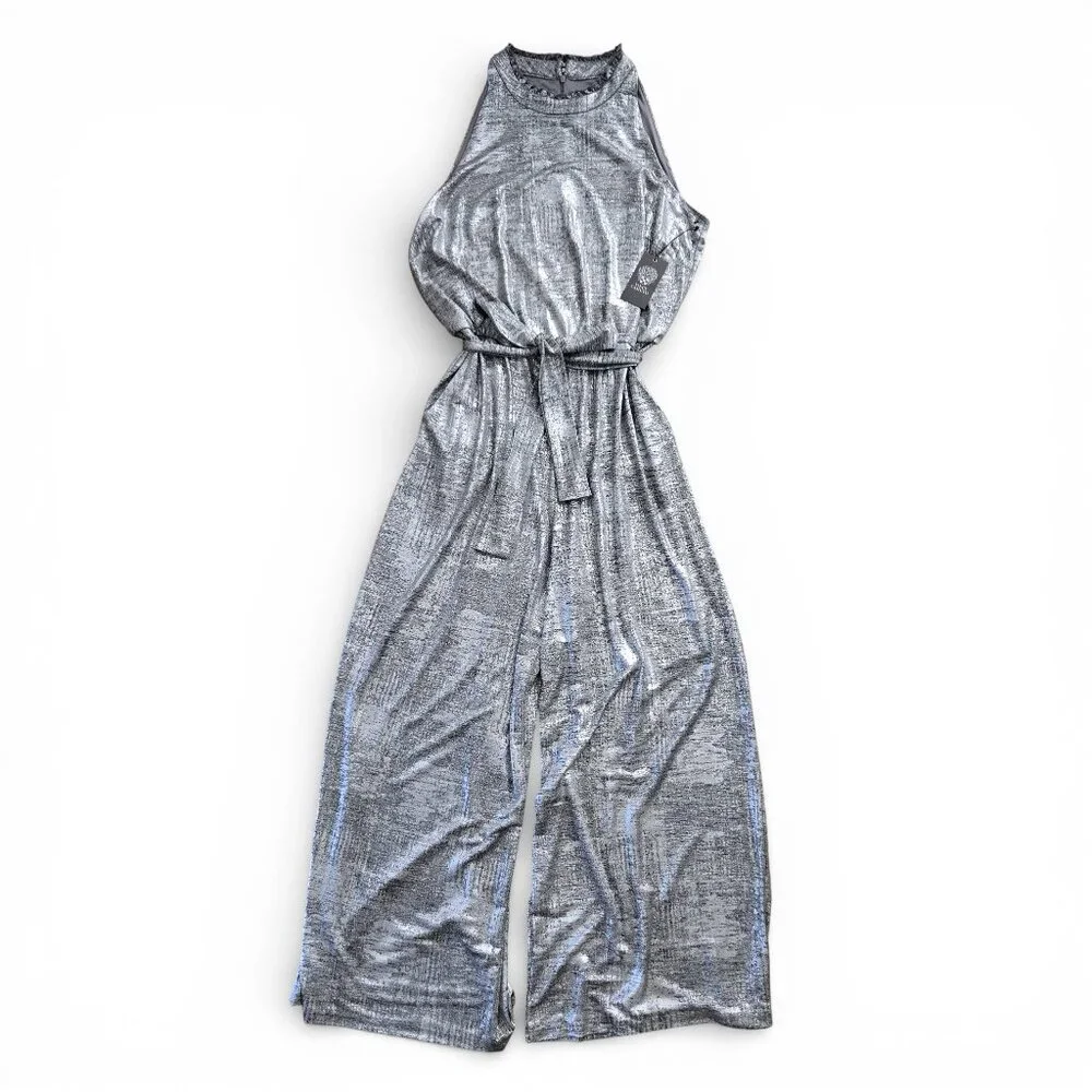 NWT Vince Camuto Metallic Silver Wide Leg Jumpsuit Women Mock Neck Sleeveless 16
